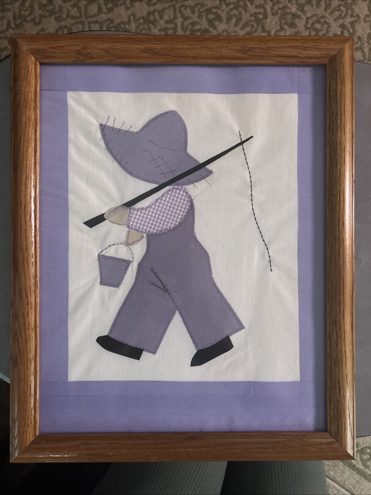 Vintage Girl Wearing Hat Fabric Patchwork Piece Framed, Beautifully Done 13”x15”