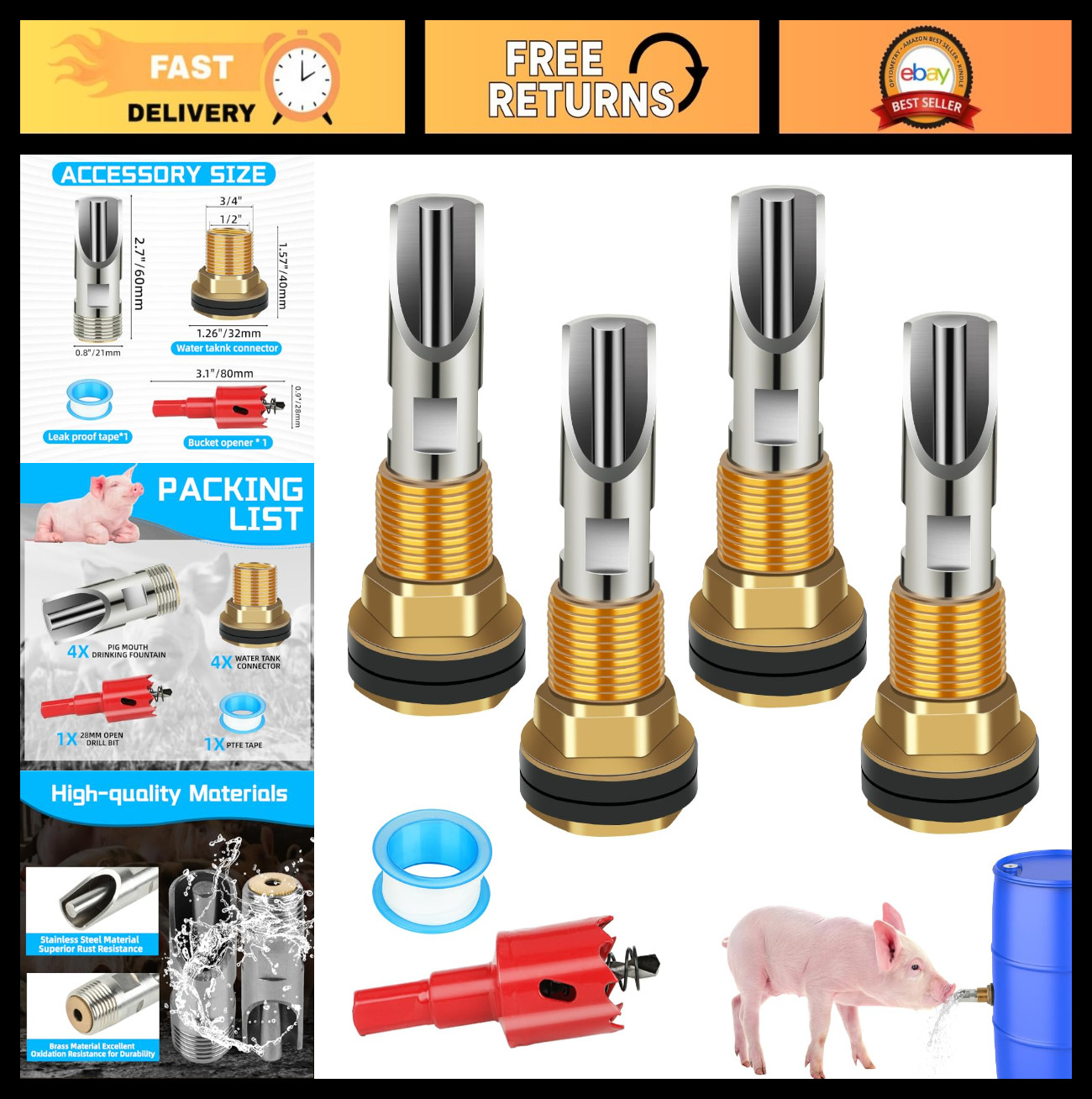 4PCS Automatic Pig Waterer Nipples, Stainless Steel Drinker Kit for Goats & Swin