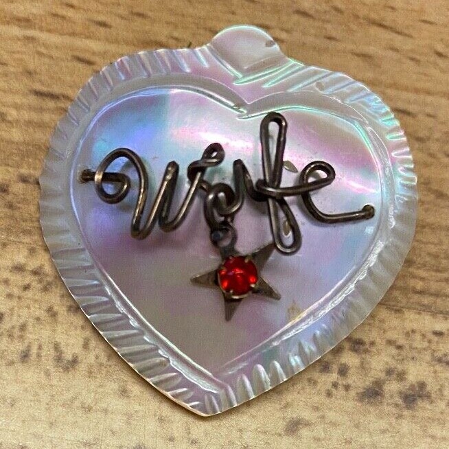 VTG Shell White Carved Heart Wired WIFE Logo Star Dangle RS Pin Brooch 1 1/2"