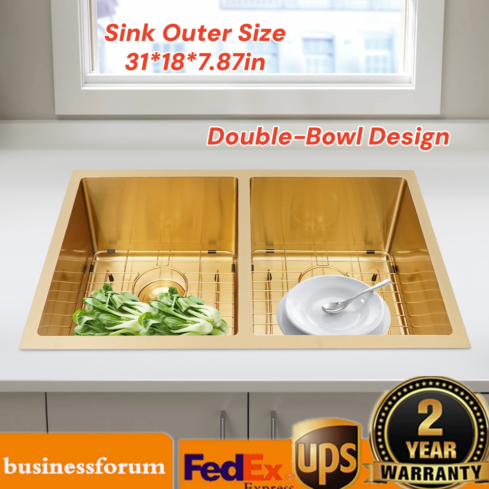 Double Bowl Sink Kitchen Sink 304 Stainless Steel Sink with Grid and Drainer