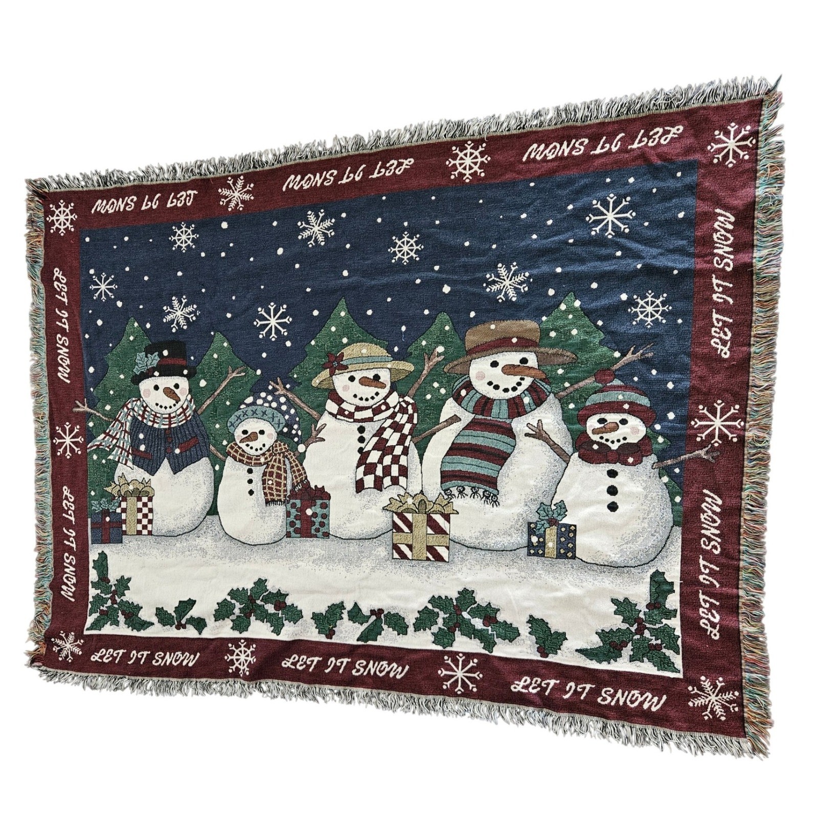 Let It Snow Snowman Family Woven Tapestry Throw Blanket Fringed Holiday Decor