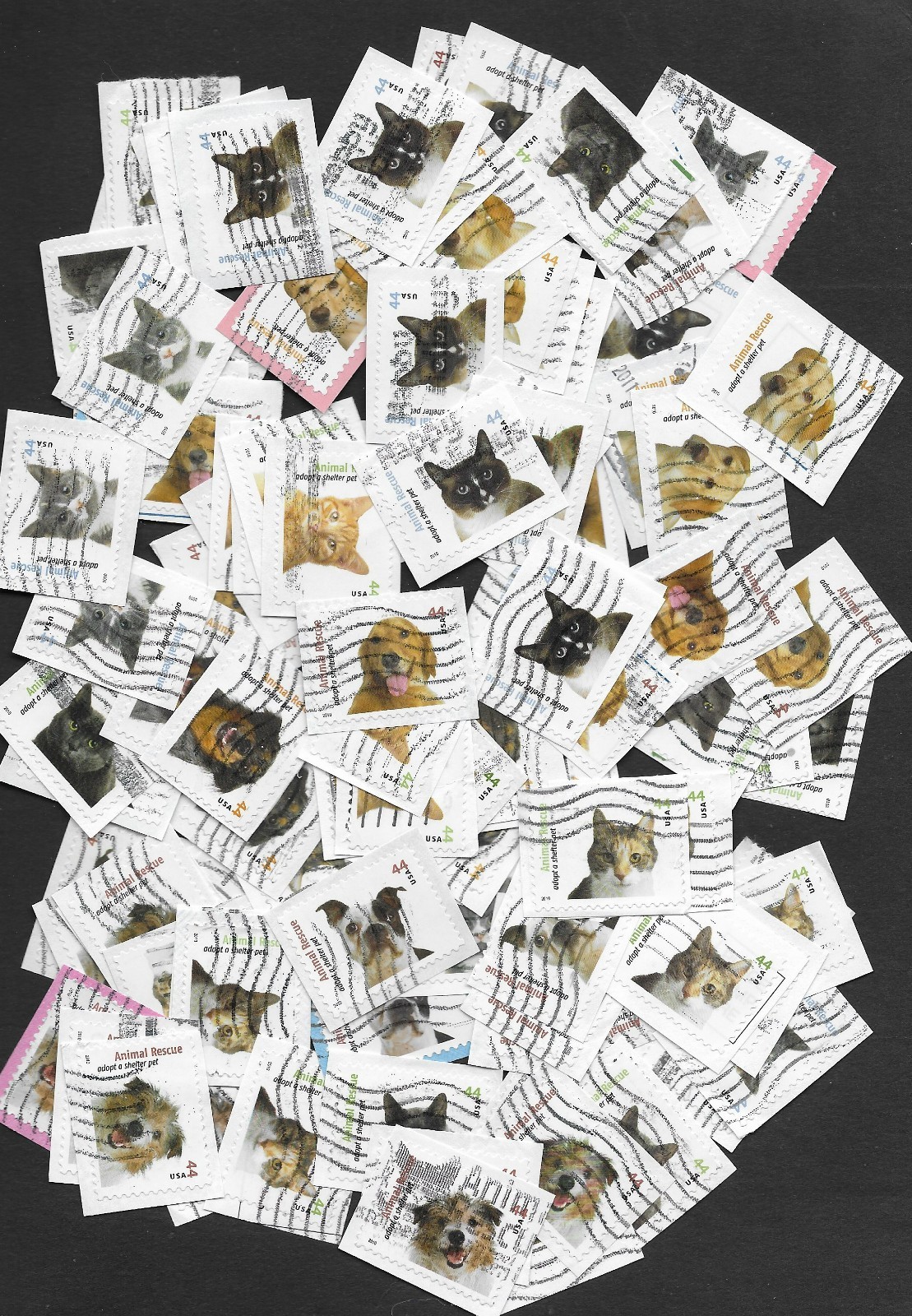 100 Adopt a Shelter Pet 44 cent Stamps - USED on Paper #4451-4460