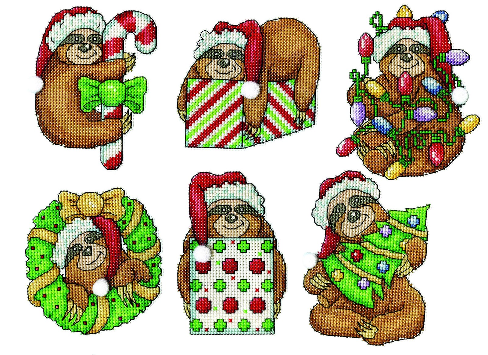 Sloth Cross Stitch Ornaments Kit-Makes Set of 6, Assorted