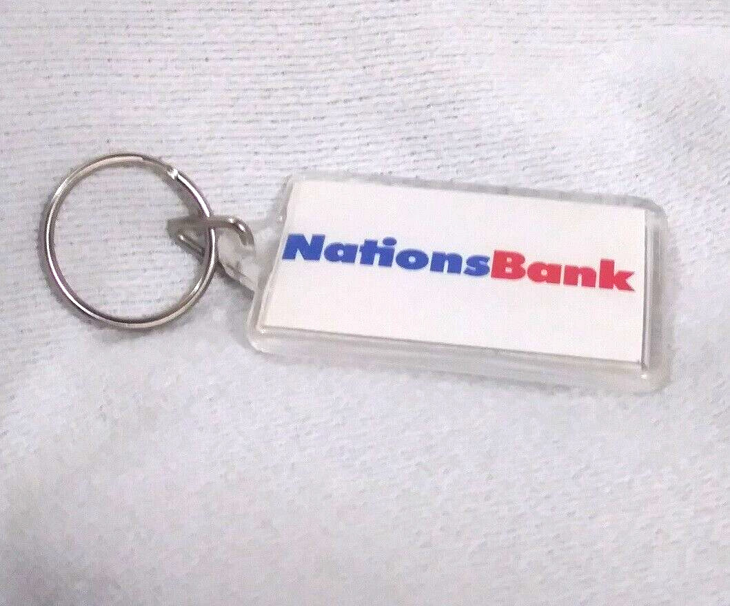 Vintage NationsBank Rectangle Clear Acrylic Blue and Red Logo on White Keychain