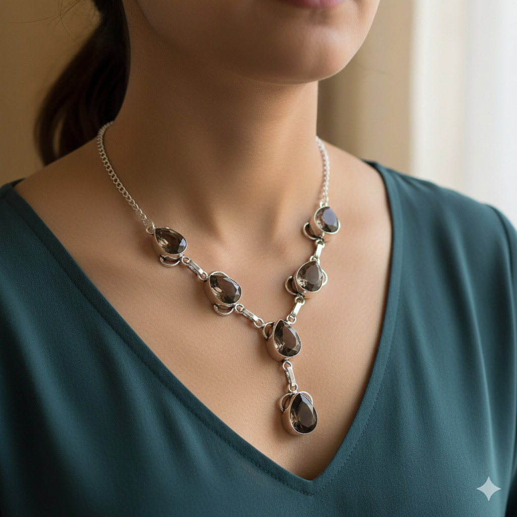 Natural Smoky Topaz Gemstone 925 Sterling Silver Necklace b386