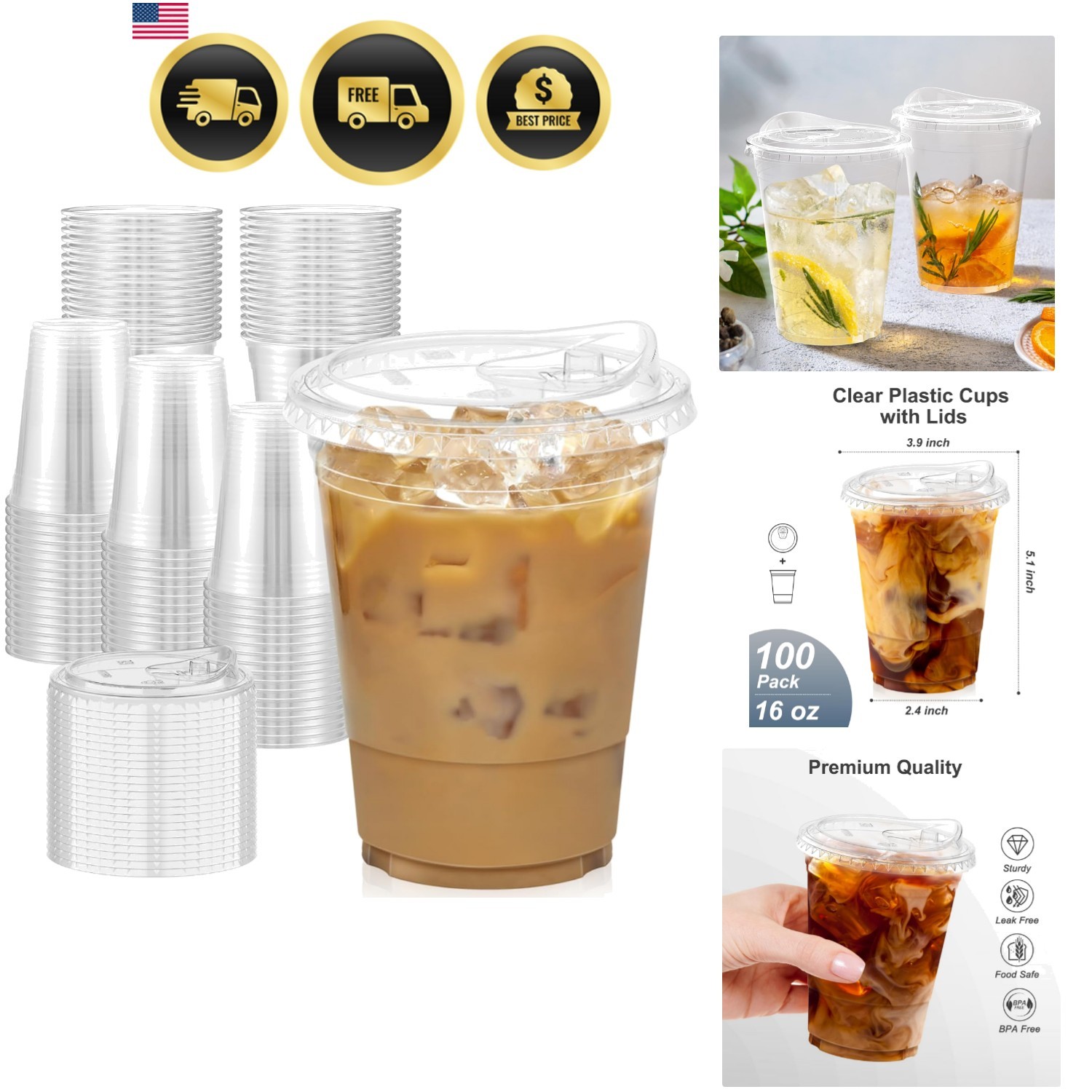 100 Pack - 16 oz Clear Plastic Cups with Lids, Sturdy & Food Safe Iced Coffee...