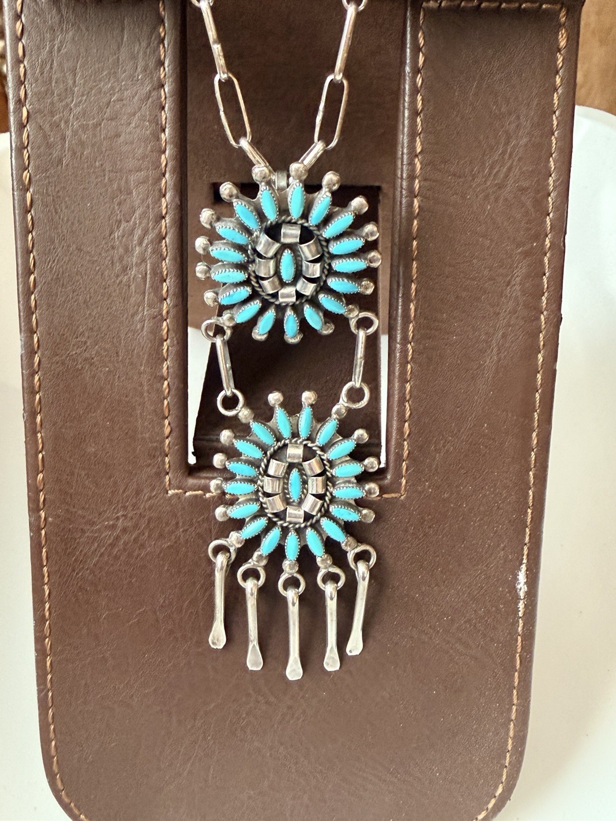 Zuni Needlepoint Cluster Turquoise Necklace Signed Peynetsa