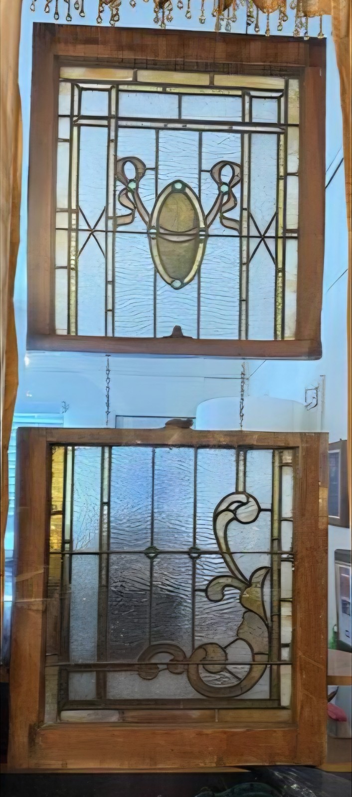 HARD TO FIND MATCHING PAIR OF SALVAGE DOUBLE HUNG STAINED GLASS WINDOWS