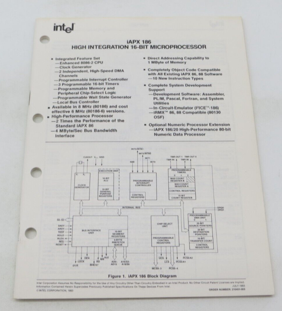 intel iAPX 186 High Integration 16-Bit Microprocessor July 1983 210451-003 