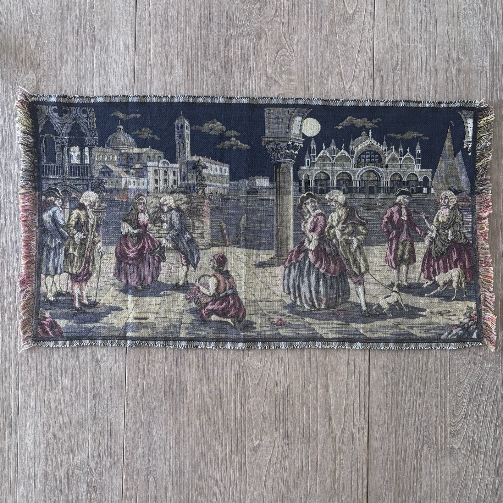 Vintage Belgian Tapestry Venice Canal Scene Woven Wall Hanging Jacquard 18.5x35