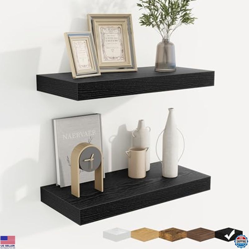 16-Inch Black Floating Shelves - Set of 2 Wall-Mounted Storage for Home Decor