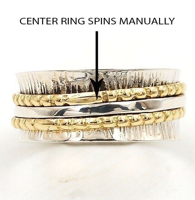 Two Tone Meditation Spinner Band 925 Sterling Silver Ring Sz 8, 