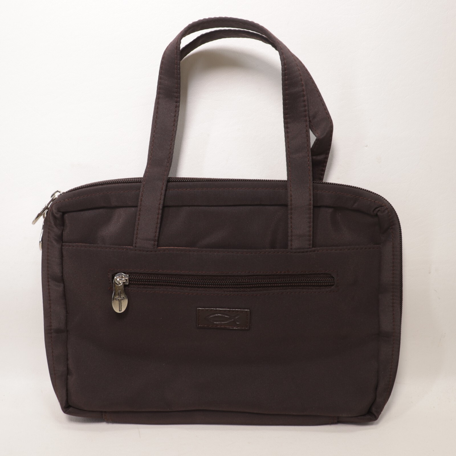 Vinyl Bible Cover Brown Pebbled Zip Around Handles Pockets 10X8