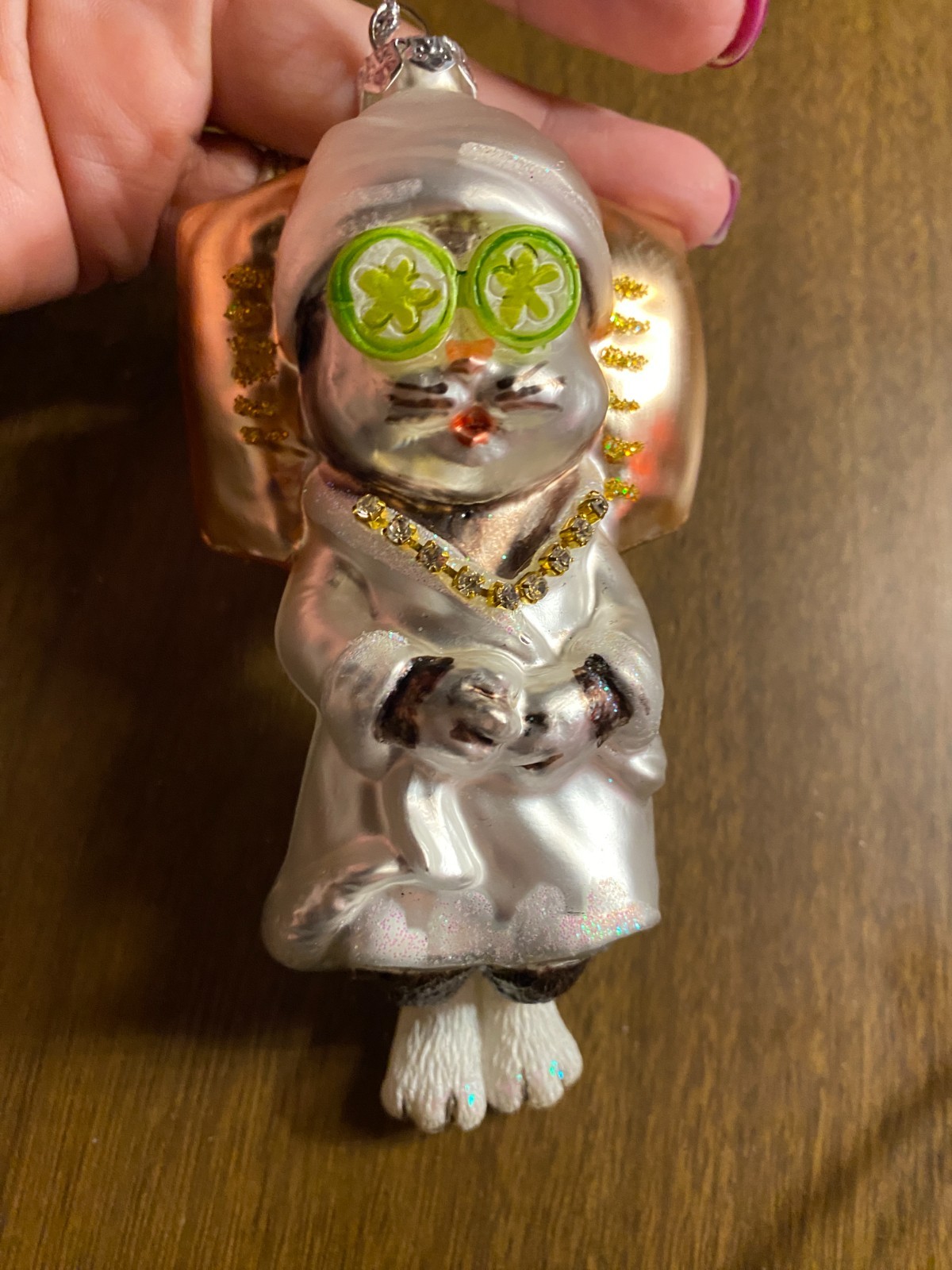 Blown Glass Large Spa Day Cat Kitty Christmas Ornament  5 1/4"