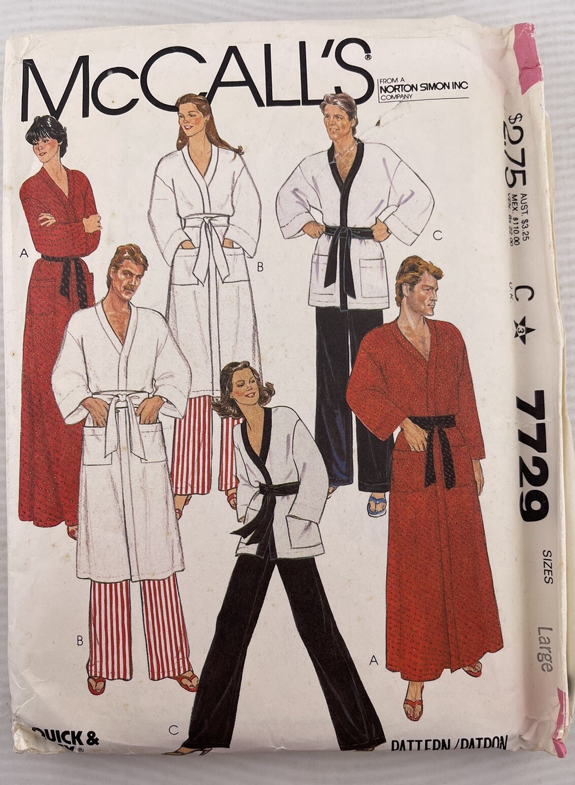 Vintage Sewing PATTERN McCalls 7729 Misses and Mens 1981 Unisex Robe or Jacket L