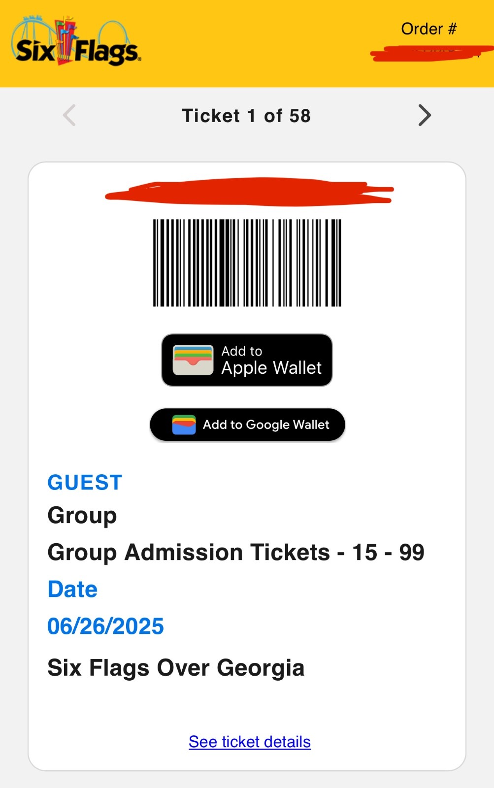 SIX FLAGS OVER GEORGIA ONE DAY GENERAL PARKING PASS E-TICKET E-DELIVERY