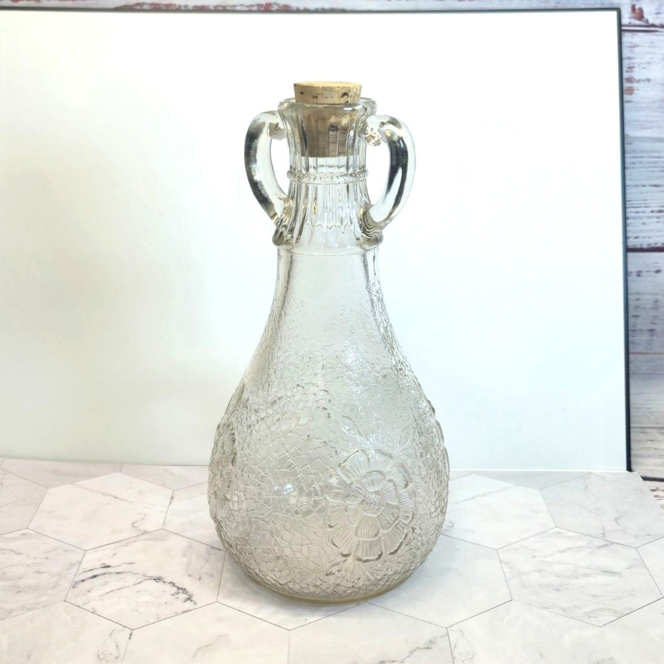 Vintage Whitehouse Vinegar Bottle Crackle Glass & Flower 1960s glass w/ cork bar