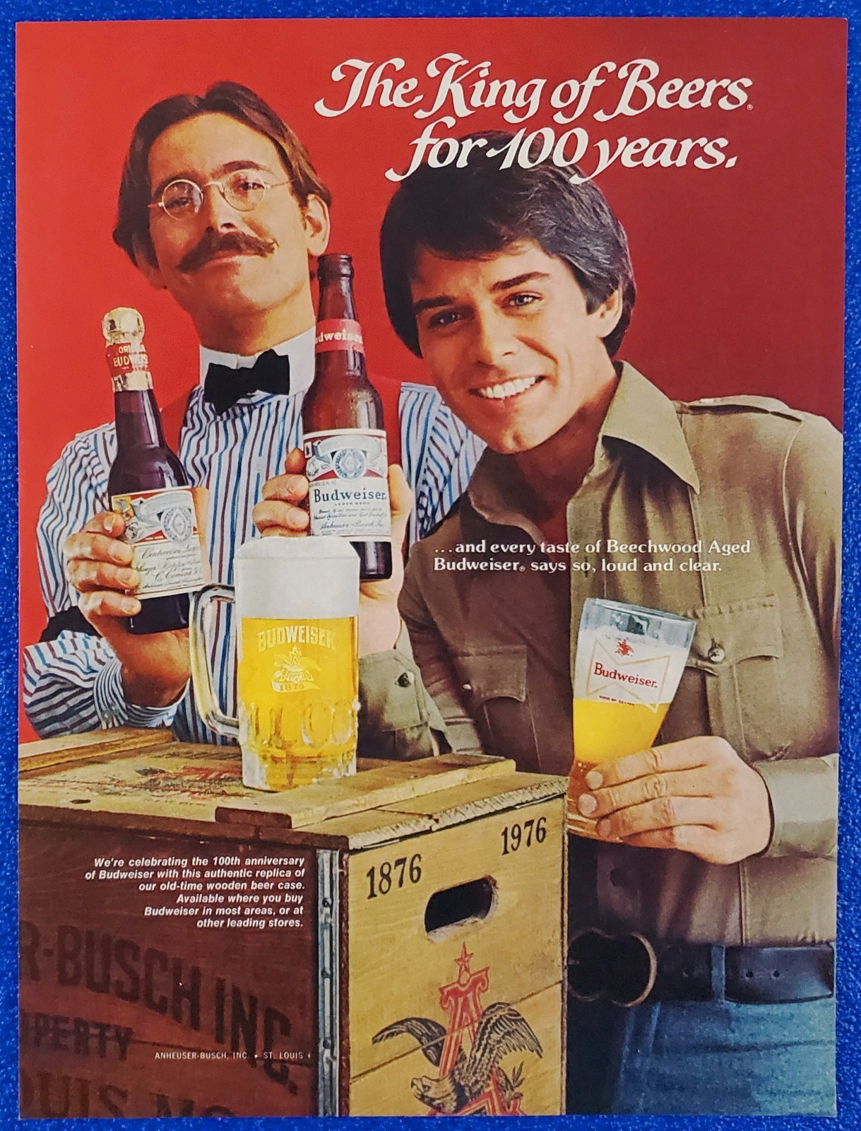 1976 BUDWEISER 100 YEAR ANNIVERSARY PRINT AD BEECHWOOD AGED AMERICAN BEER ICONS