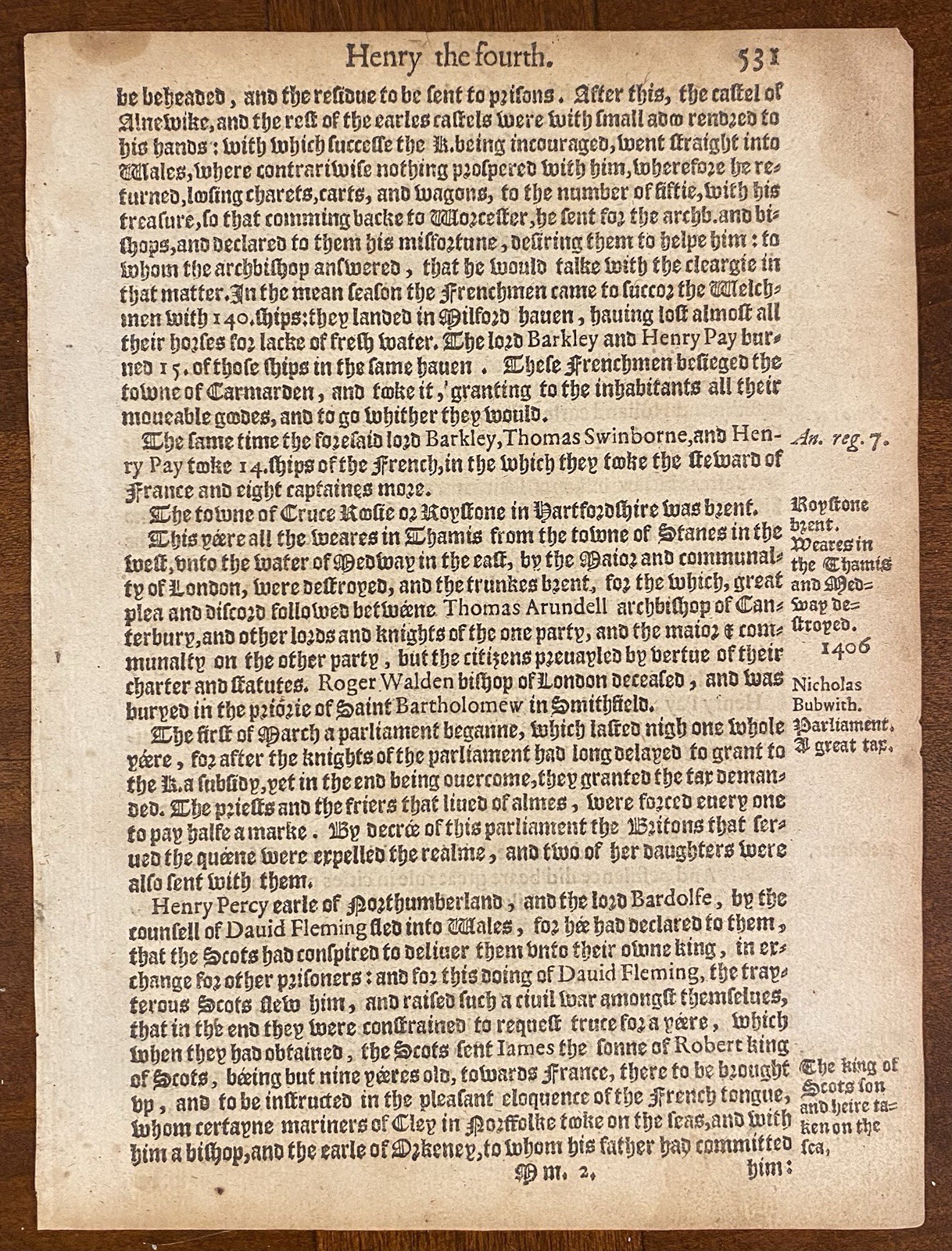 Leaf from John Stow's Annales 1592 w/COA Henry IV PLAGUE