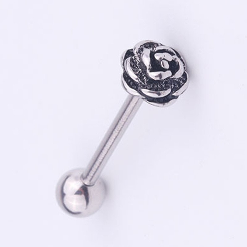 1PC Rose Flower Tongue Bar Steel Floral Stud Barbell Ball Piercing Ring 16MM