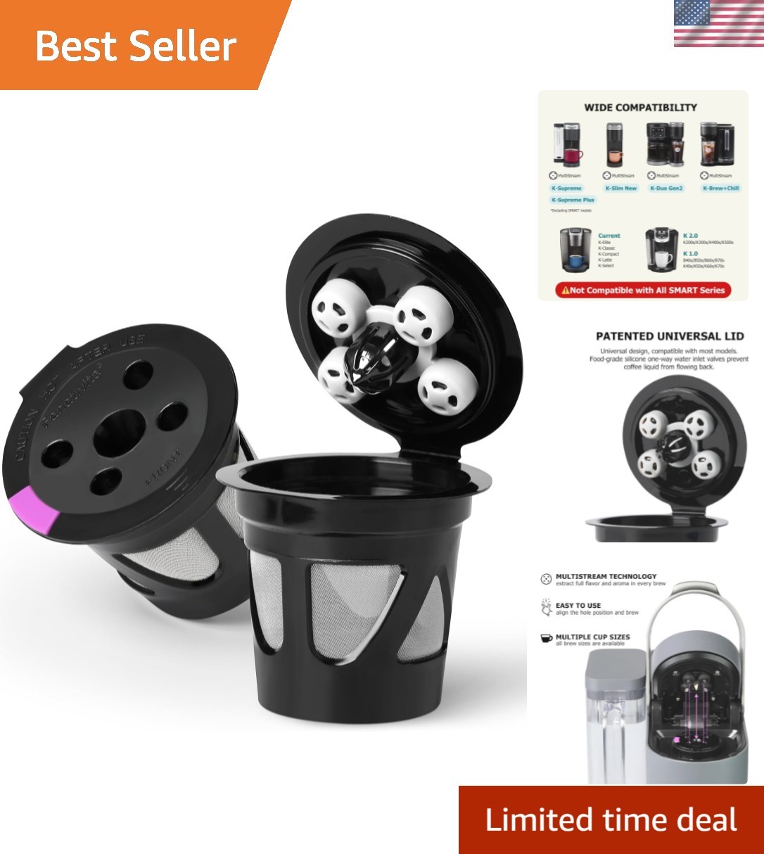 Reusable K Cups for Keurig, 2-Pack Refillable Coffee Pods with 5 Holes, Compa...