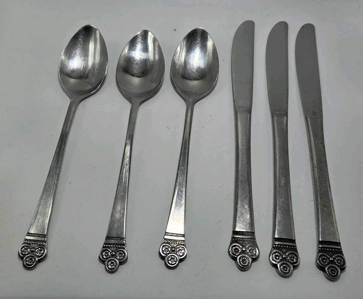 6pc National Stainless Korea Flatware Costa Mesa Floral 3 Large Spoons 3 Knives