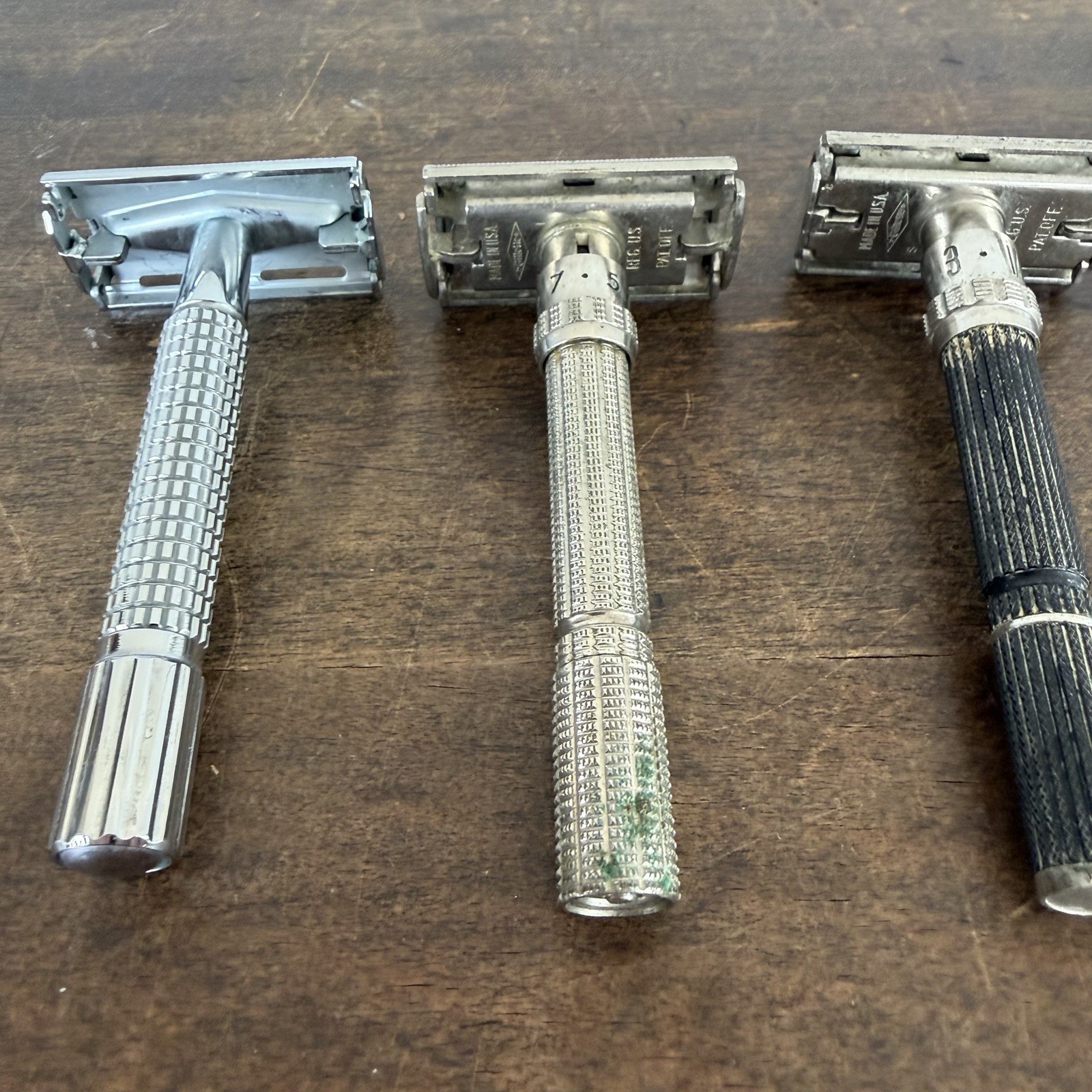 Lot 3 Vintage Gillette Adjustable Safety Razors DE Black Handle USA
