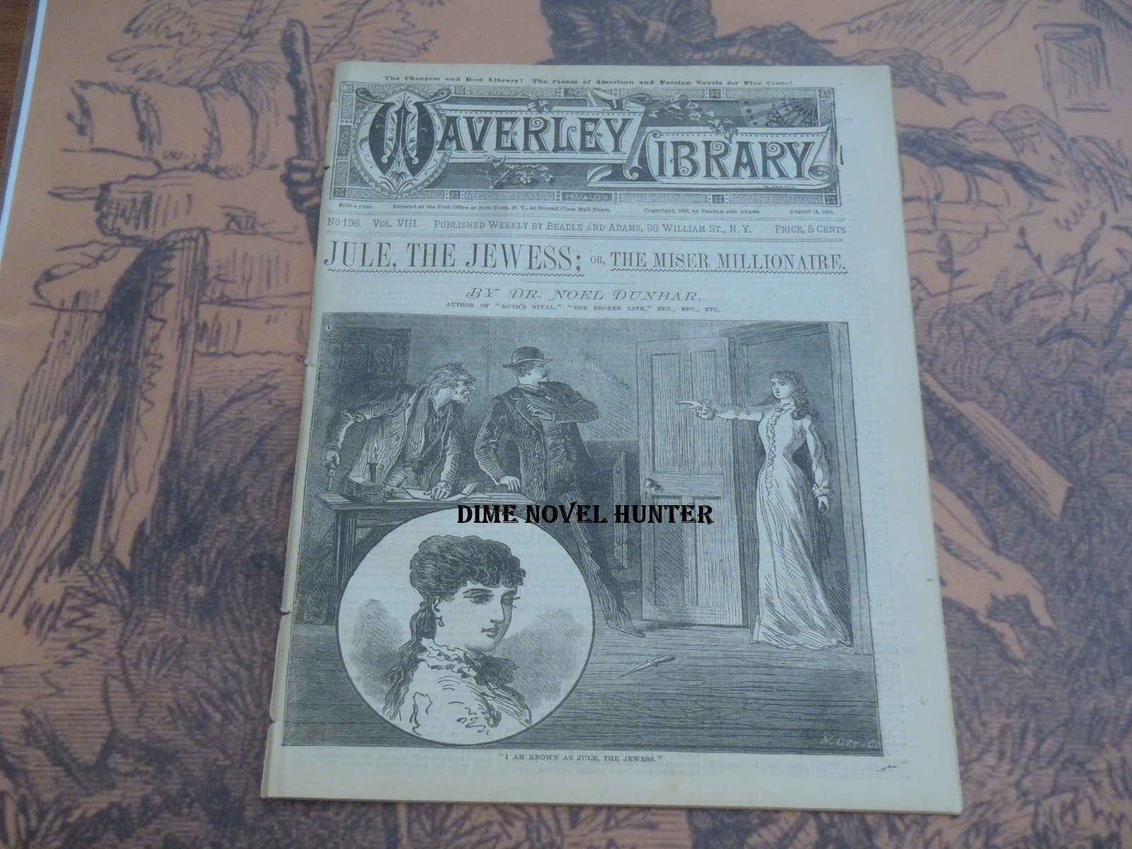 1883 BEADLE & ADAMS WAVERLEY LIBRARY #196 VRY SCARCE FINE DIME NOVEL STORY PAPER