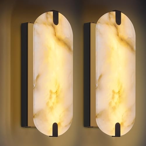 14.17in Alabaster Wall Sconces, Natural Marble Wall Light Set of 2 Pack Black