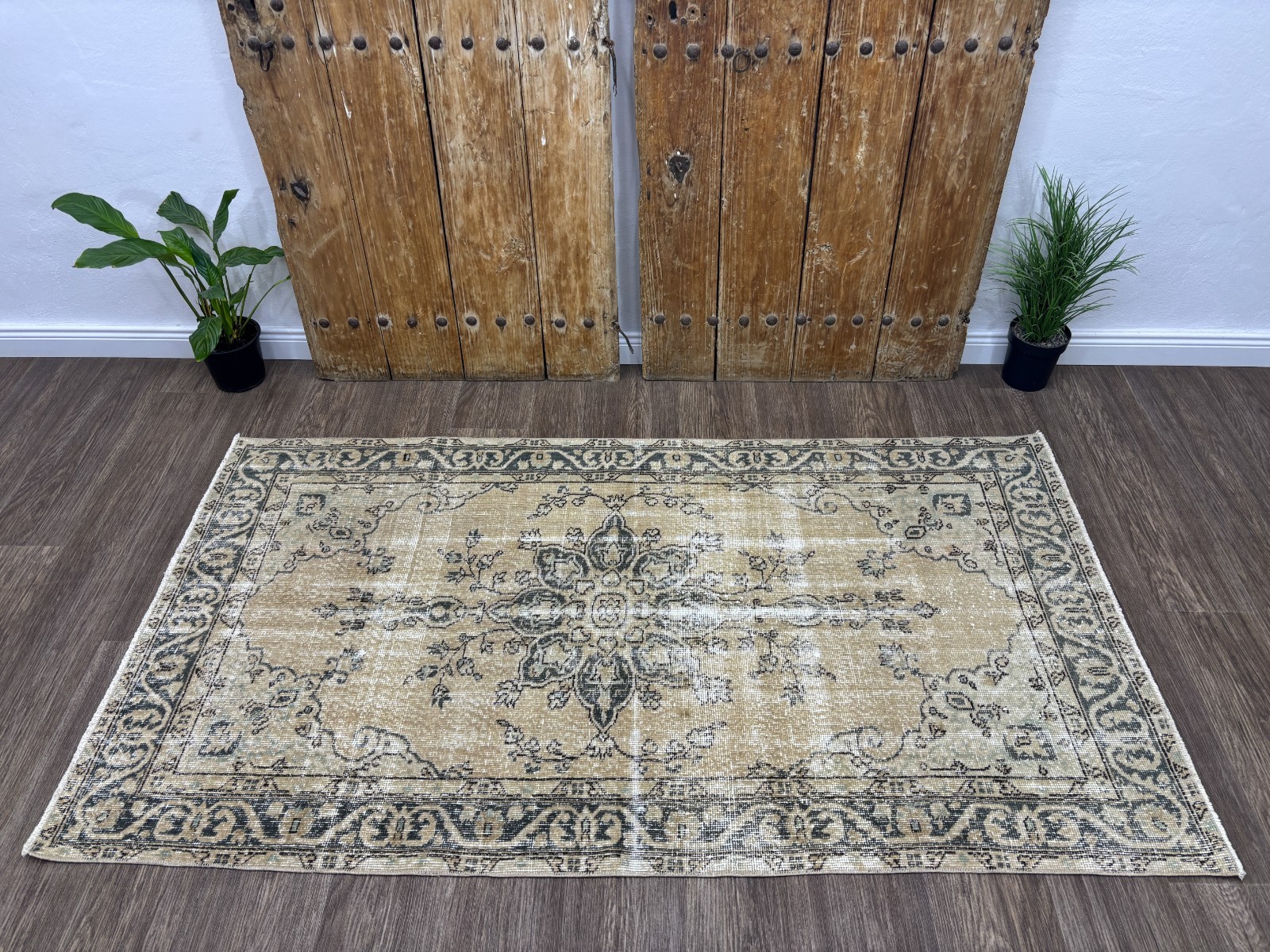 4x7 Beige Green Vintage Turkish Area Rug, Hand-Knotted Wool Living Room Rug