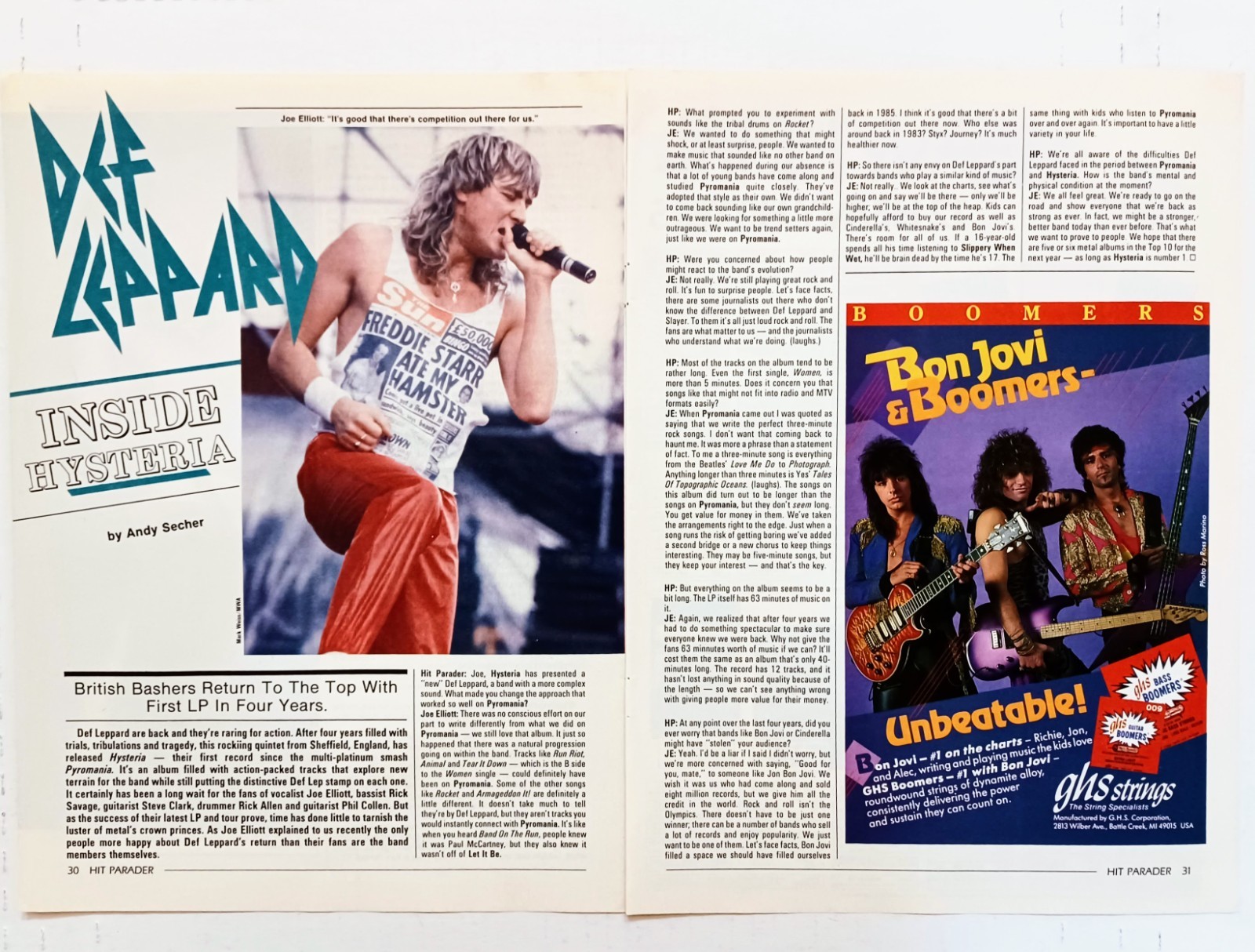 DEF LEPPARD JOE ELLIOTT HYSTERIA ALBUM INTERVIEW-1988 MAGAZINE ARTICLE CLIPPING