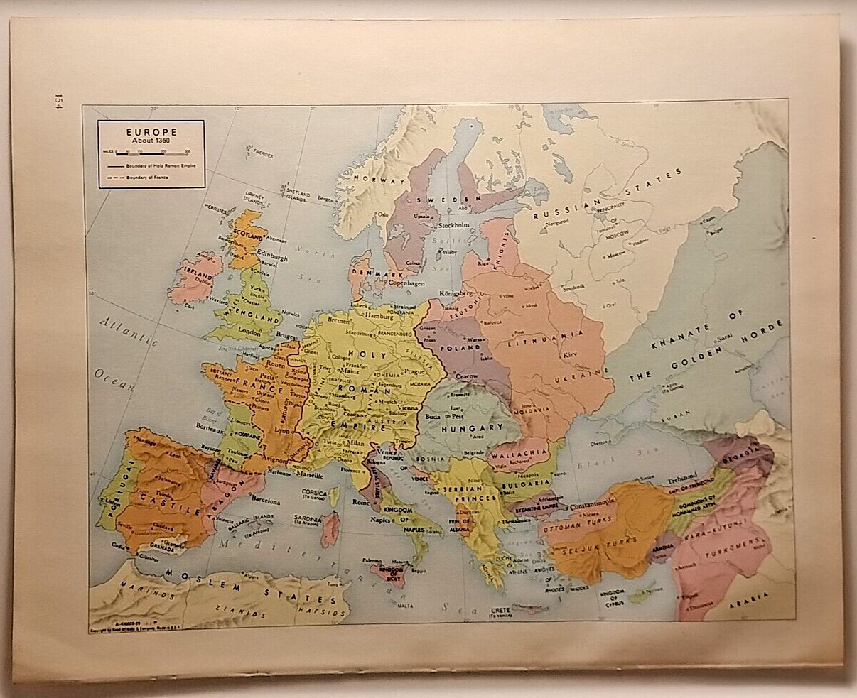 Vintage EUROPE IN 1360 Atlas Map 1965 MSM Rand McNally Cosmopolitan World Atlas