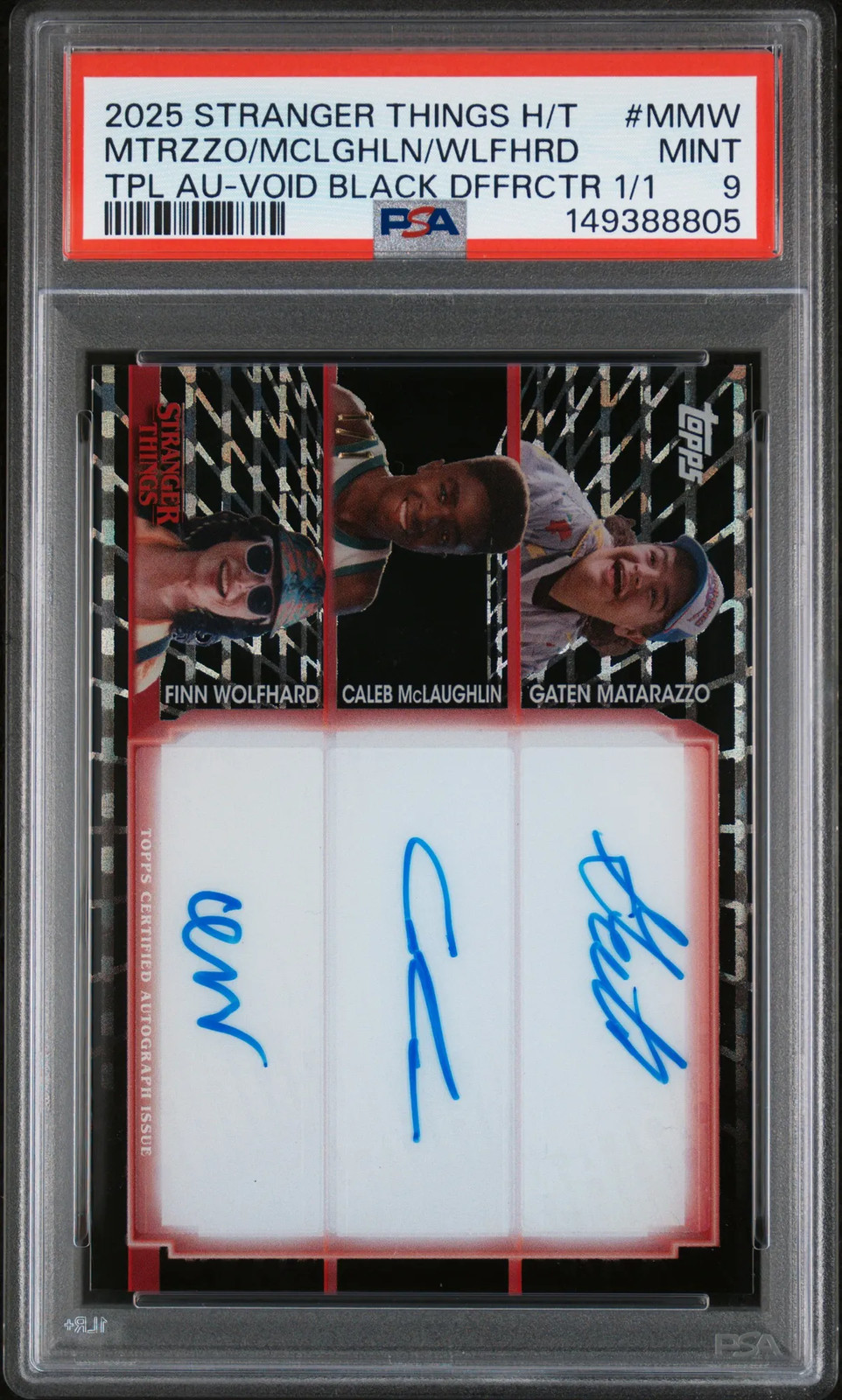 2025 Topps Stranger Things High Tek Triple Autographs FInn Caleb Gaten /1 PSA 9 