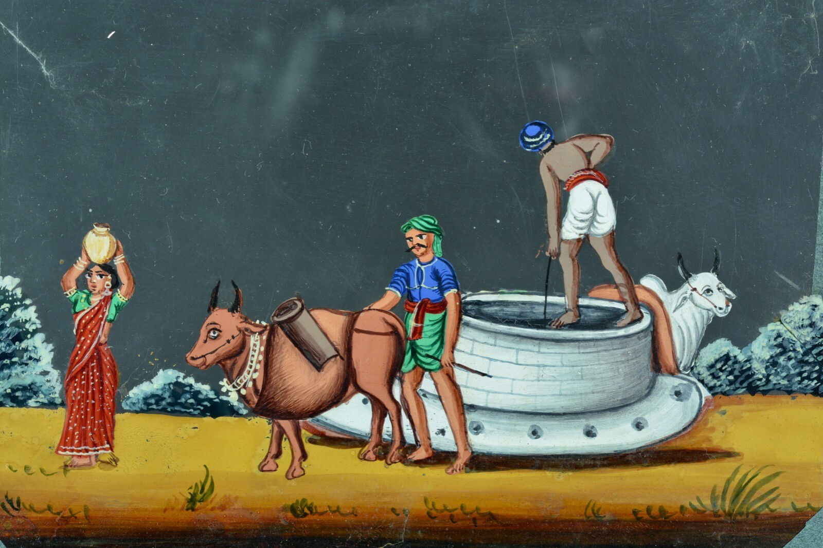 Rare tableau ancien India Company School Mica 19 thc Porteur d'eau Puit N°5