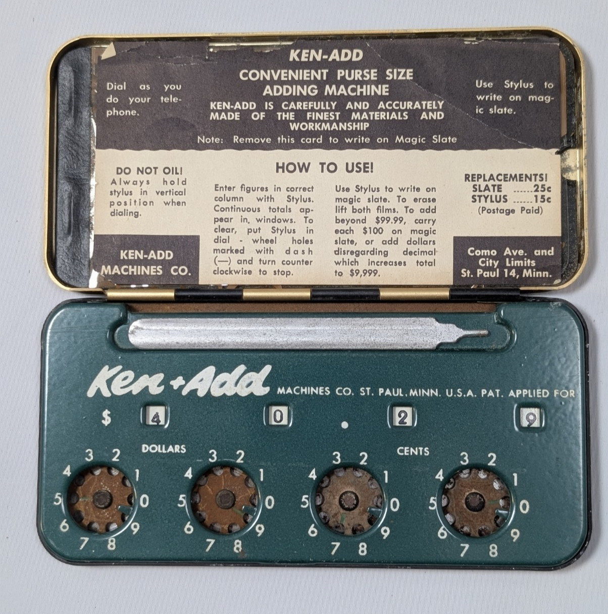 Vintage Calculator Ken-Add Machine Co. 5" x 2.5” St. Paul Minnesota W/ orig. box