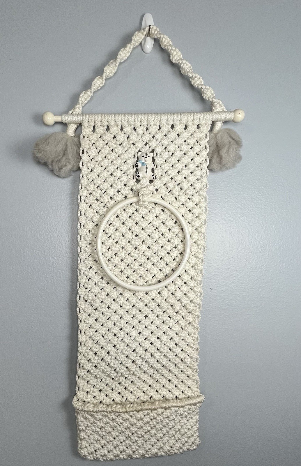 Vintage Macrame Wall Hanging Towel Holder And Pocket Vintage Bear White