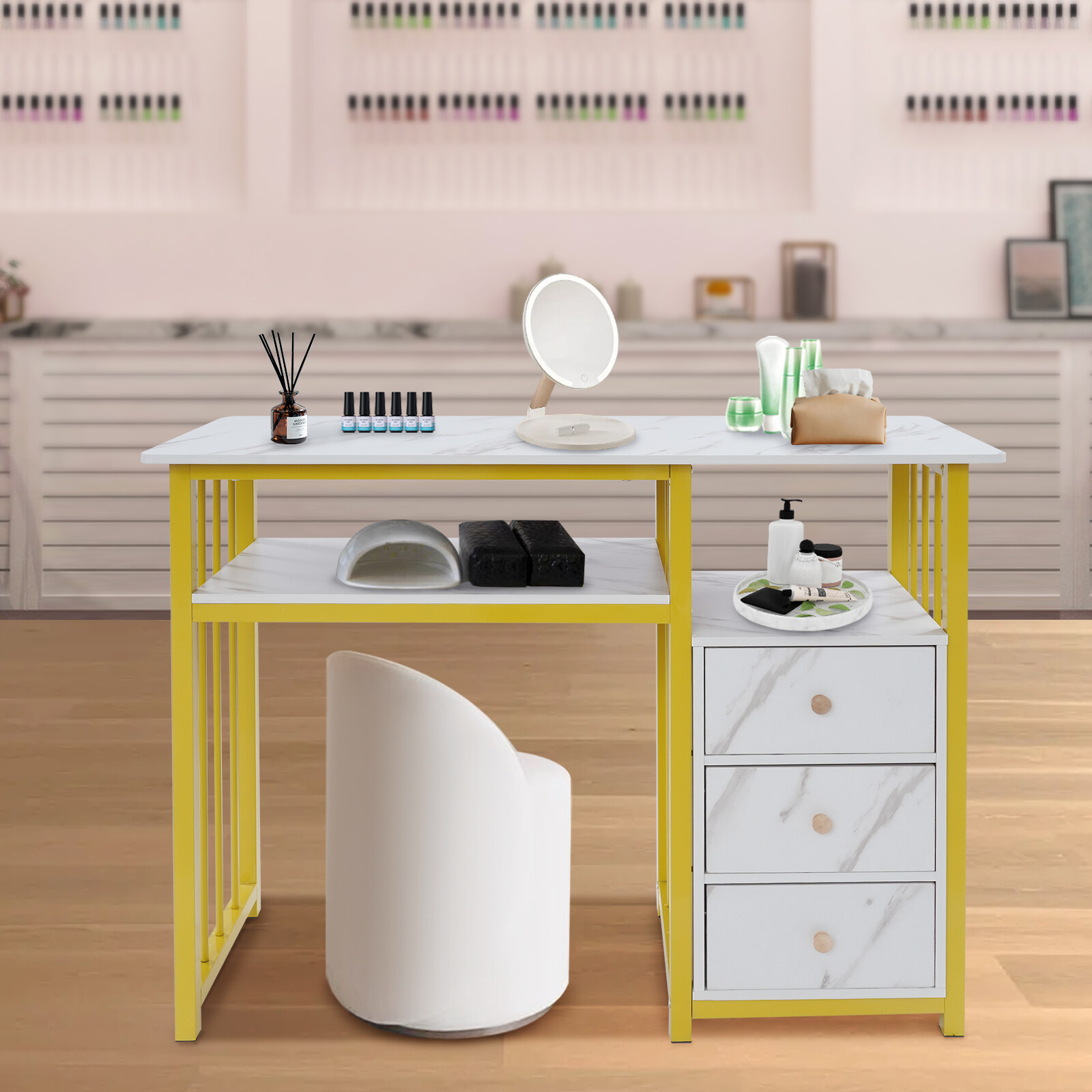 Nail Desk, Marbling Texture Manicure Desk with 3 Drawers 100*40*76cm Nail Salon