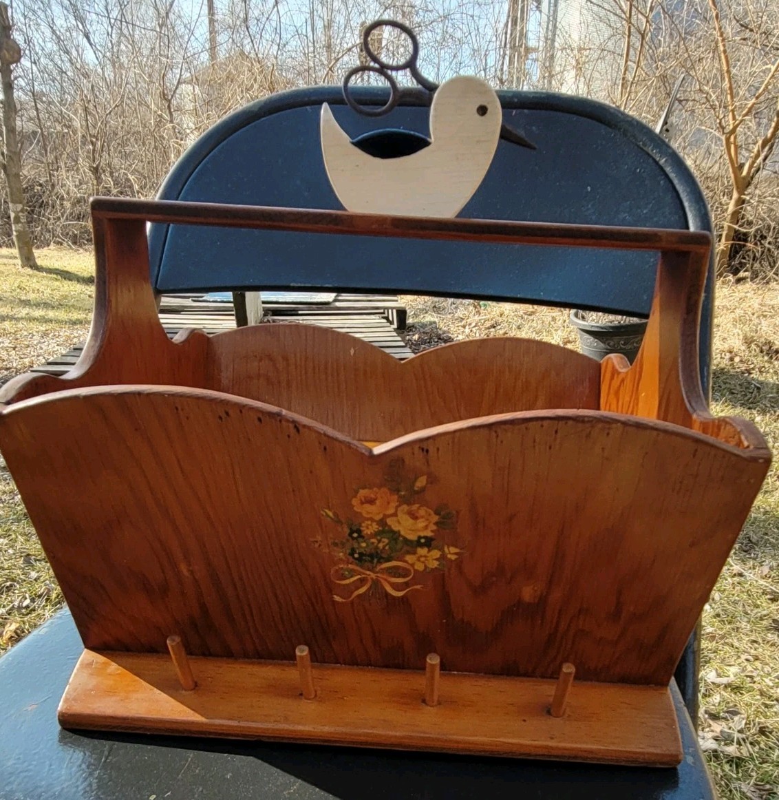 Antique Folk Art Sewing Bird On A   Sewing Box Spool Holder 12"× 10"