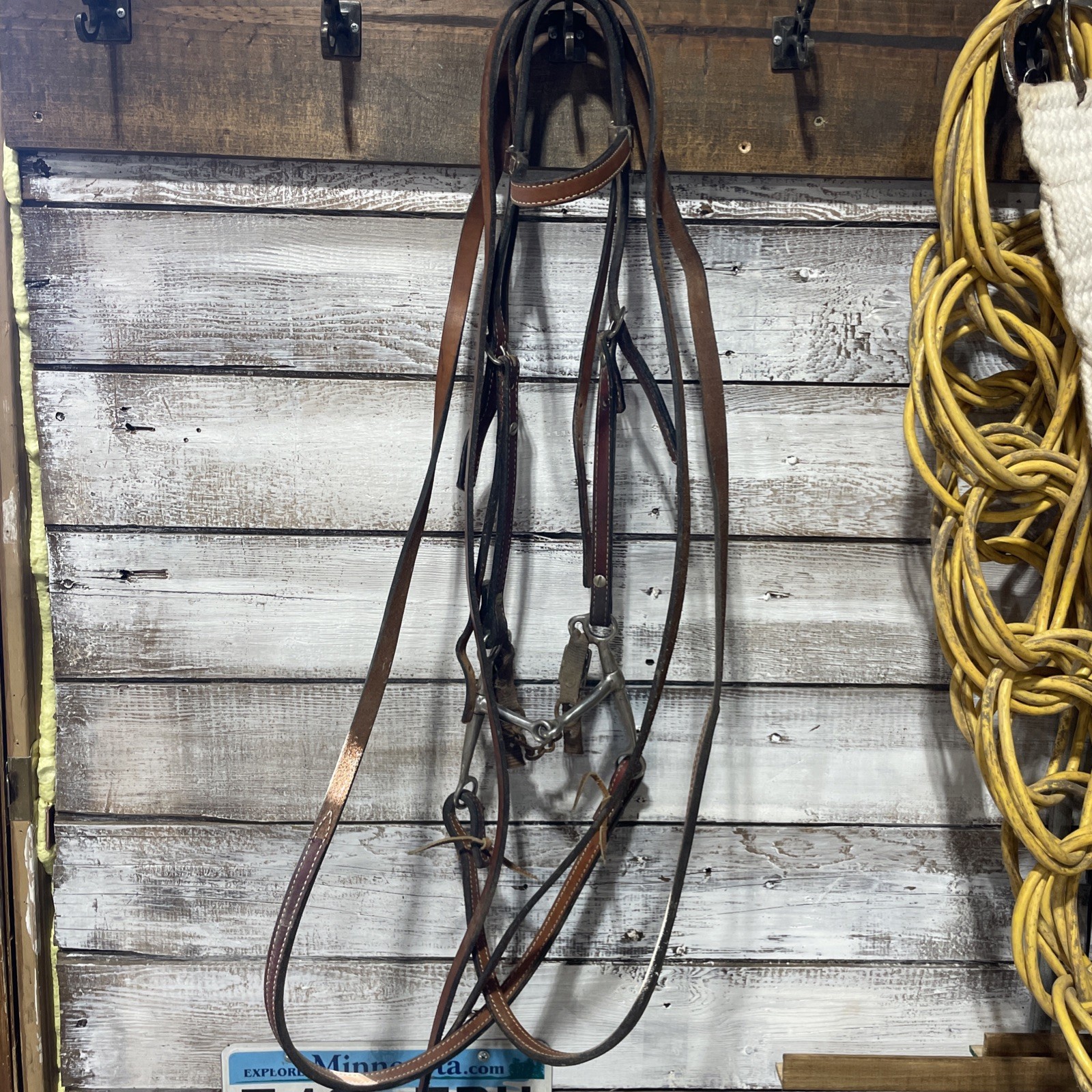 Complete bridle with long shank snaffle bit and split reins, leather 