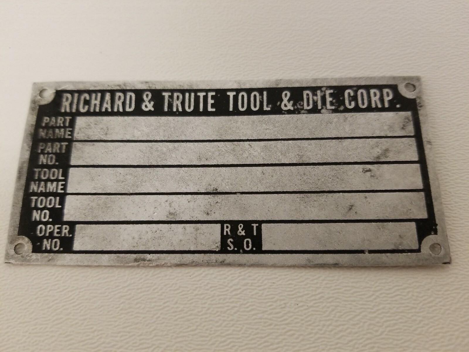 Vintage Richard & Trute Tool & Die Corporation Un-stamped Identification Tag   