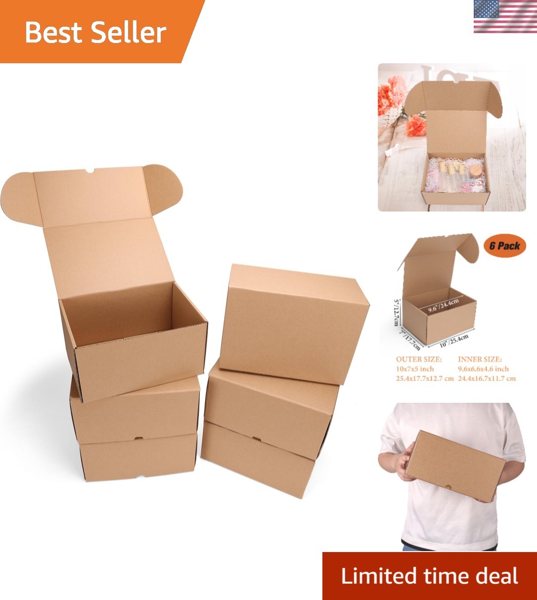 10x7x5 inch Shipping Boxes 6 Pack Brown, Tab Lock Tuck Top Mailer Boxes for P...