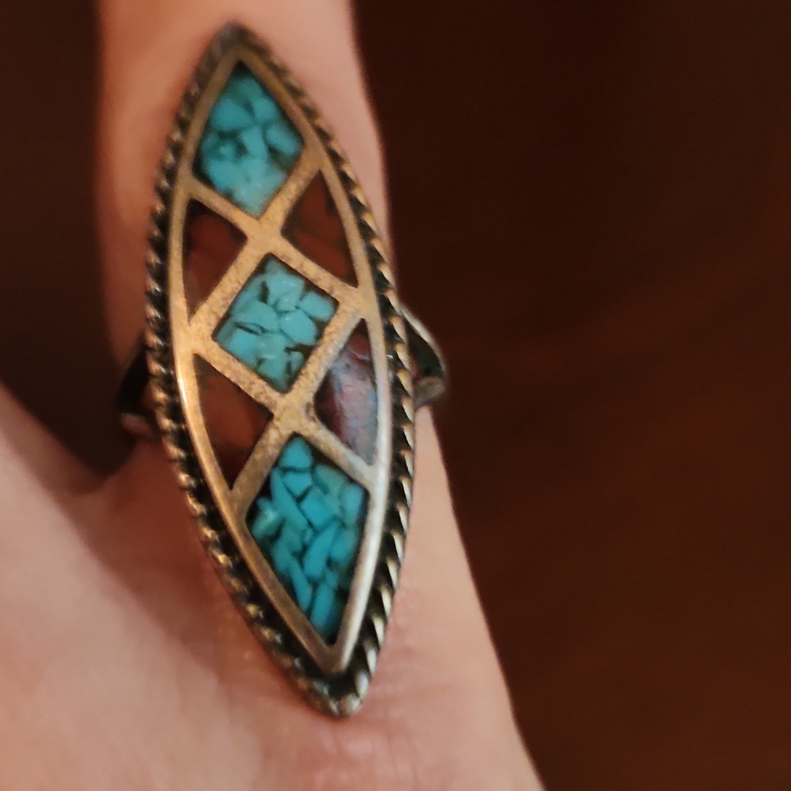 Vintage Sterling Silver Southwest Inlaid Mosaic Turquoise Ring  Women's Size 6 