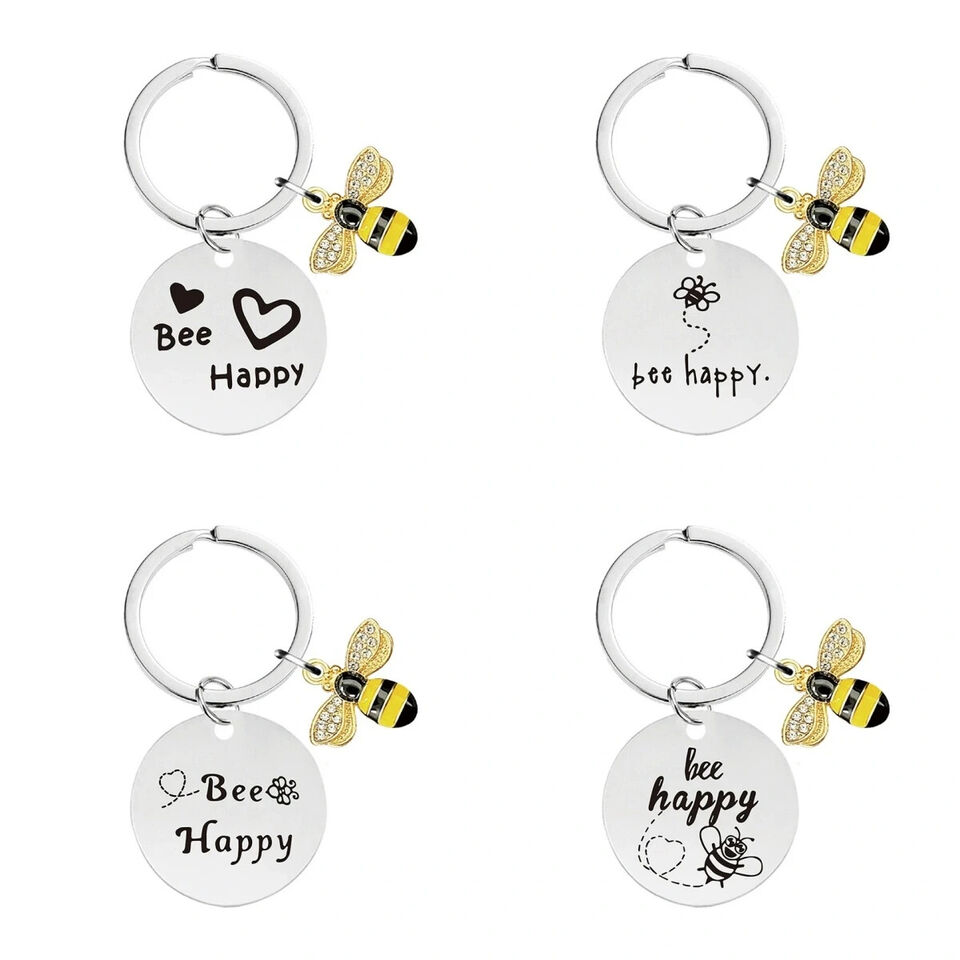 Creative Yellow Bee Be Happy Key Ring Keyfob Car Keyring Keychain Xmas Gift