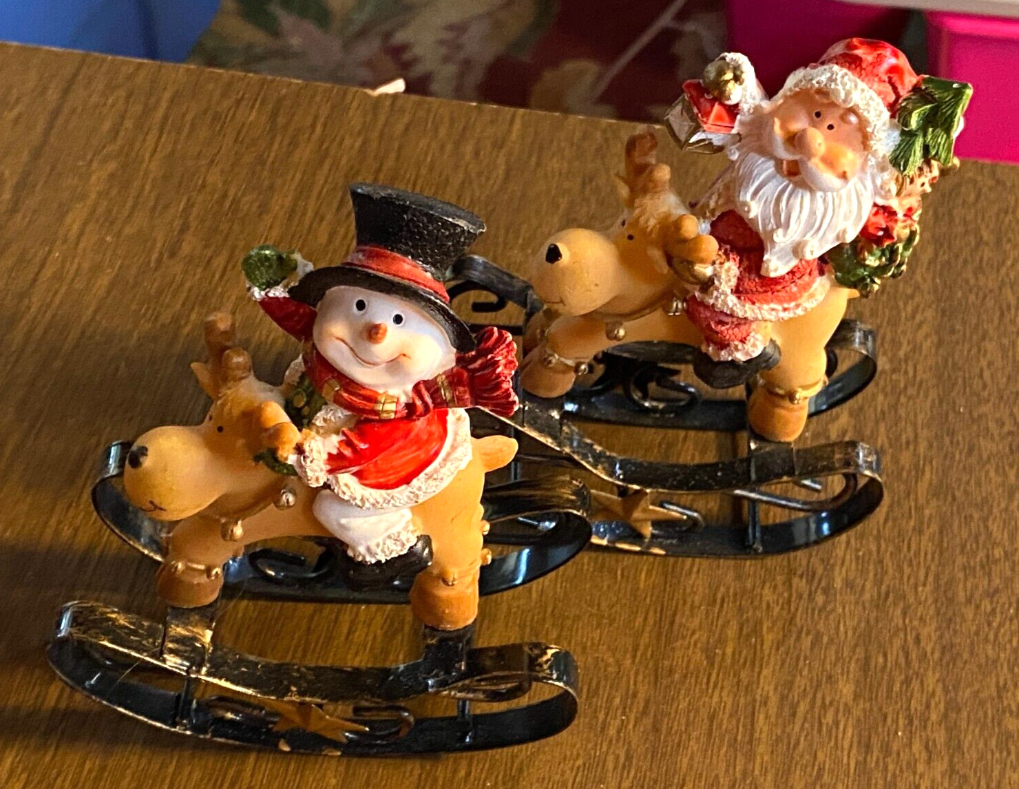 2 Resin & Metal Rocking Reindeer Santa & Snowman Christmas Ornaments 5" B