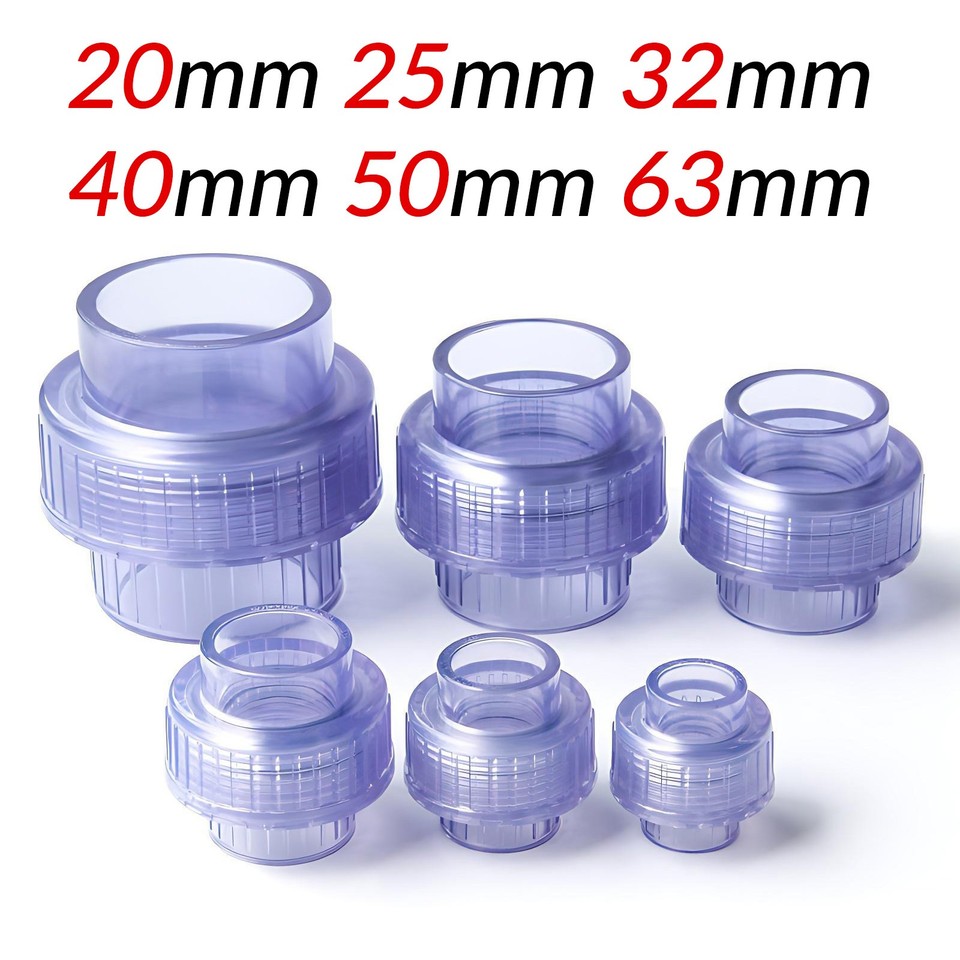Clear PVC Water Pipe Union Fitting Aquarium Weld Solvent Connector 20/25/32-63mm