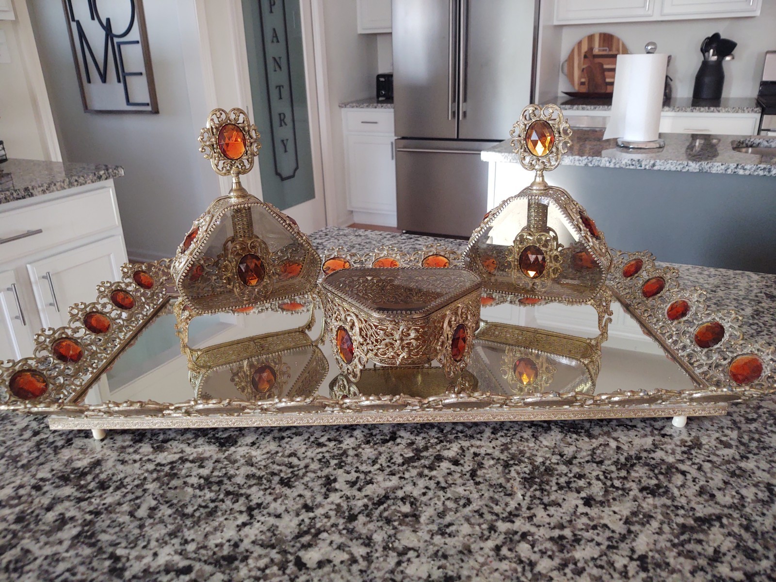 Vtg.Art Deco MCM 5 Pcs.Vanity Dresser Set Tray Perfume Bottles Jewelry Box Clock