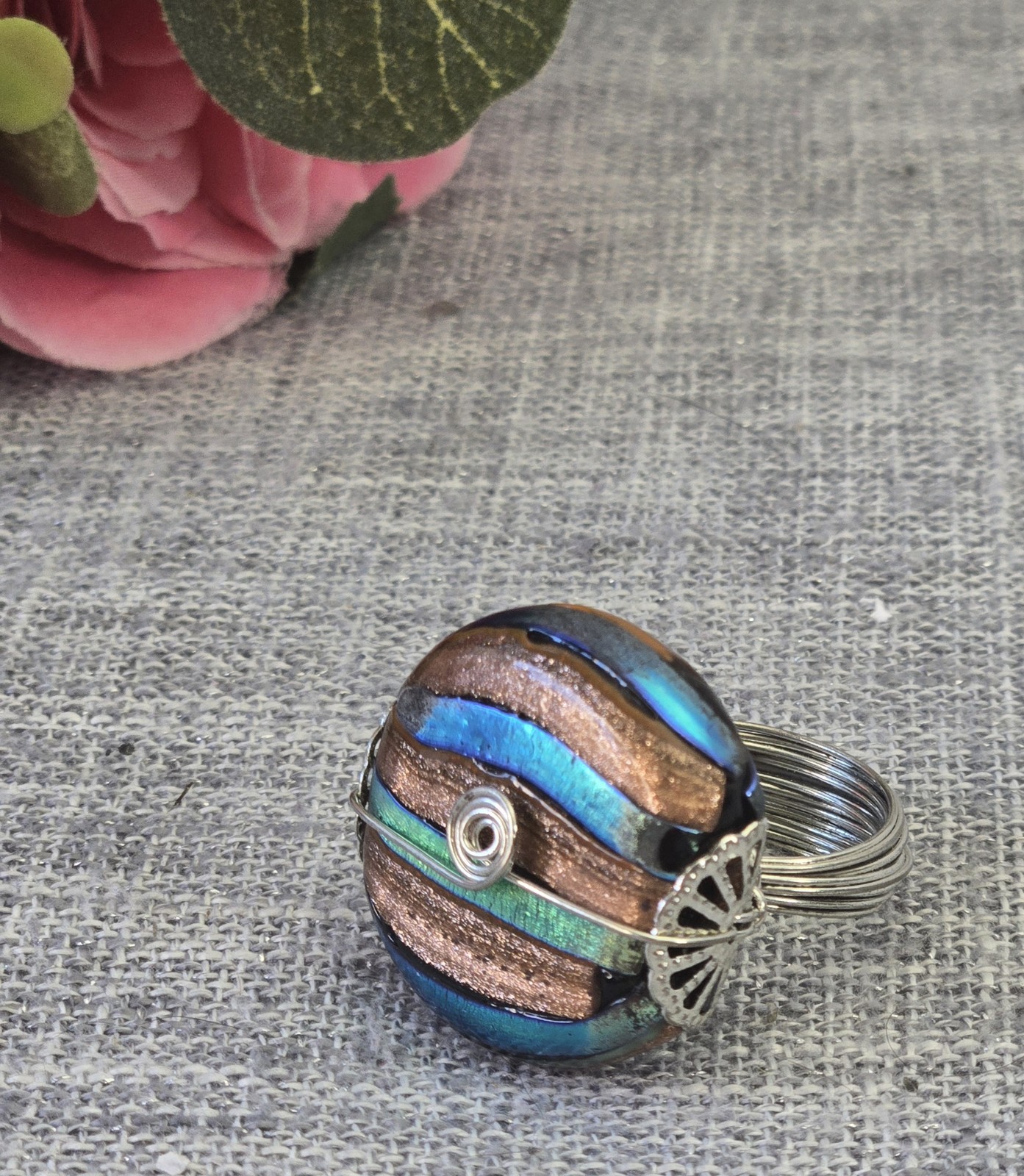 Handmade Wire Wrap Glass (Dichronic?) Blue Brown Large Bead Ring Size 7 