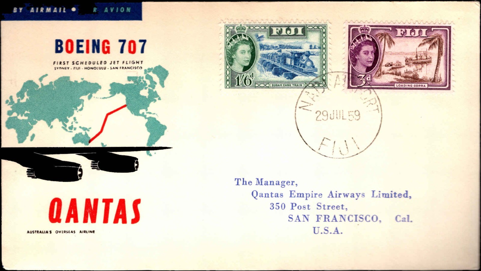 QANTAS Boeing 707 First Scheduled Jet Flight Fiji 1959 Airmail Cover