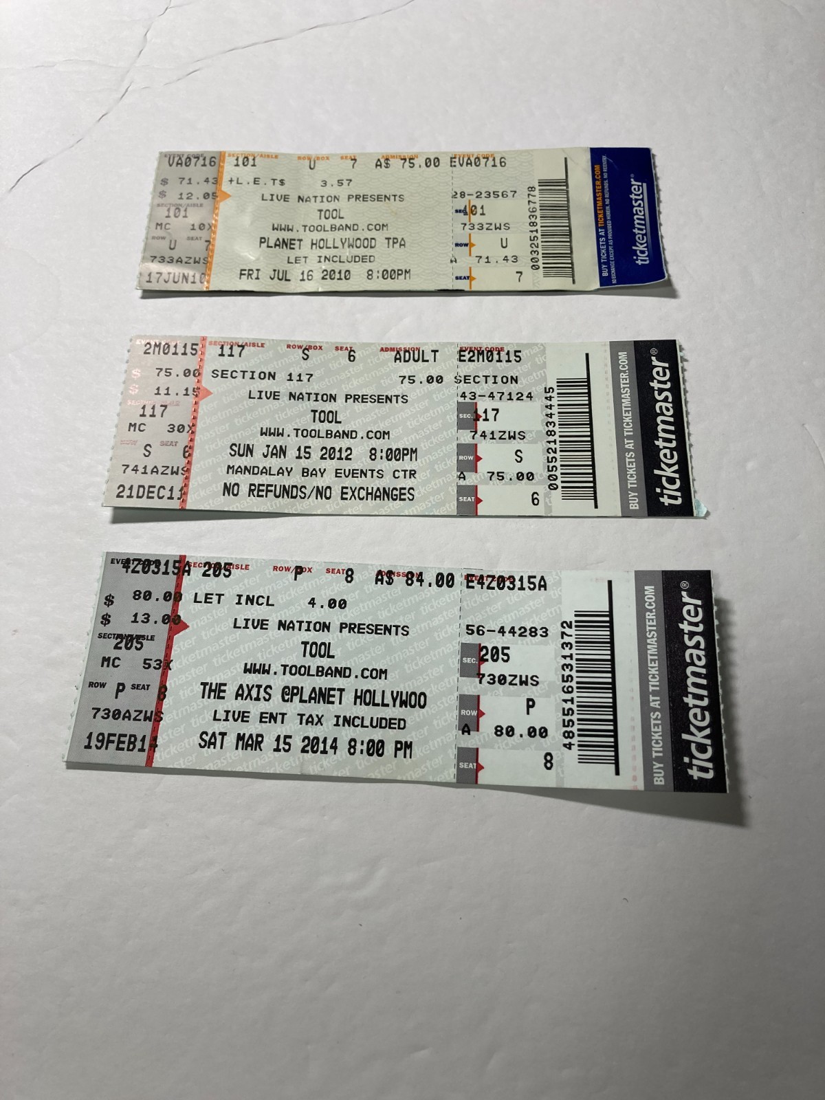 3 Tool Concert Ticket Stubs Las Vegas 2010 2012 2014 Planet Hollywood