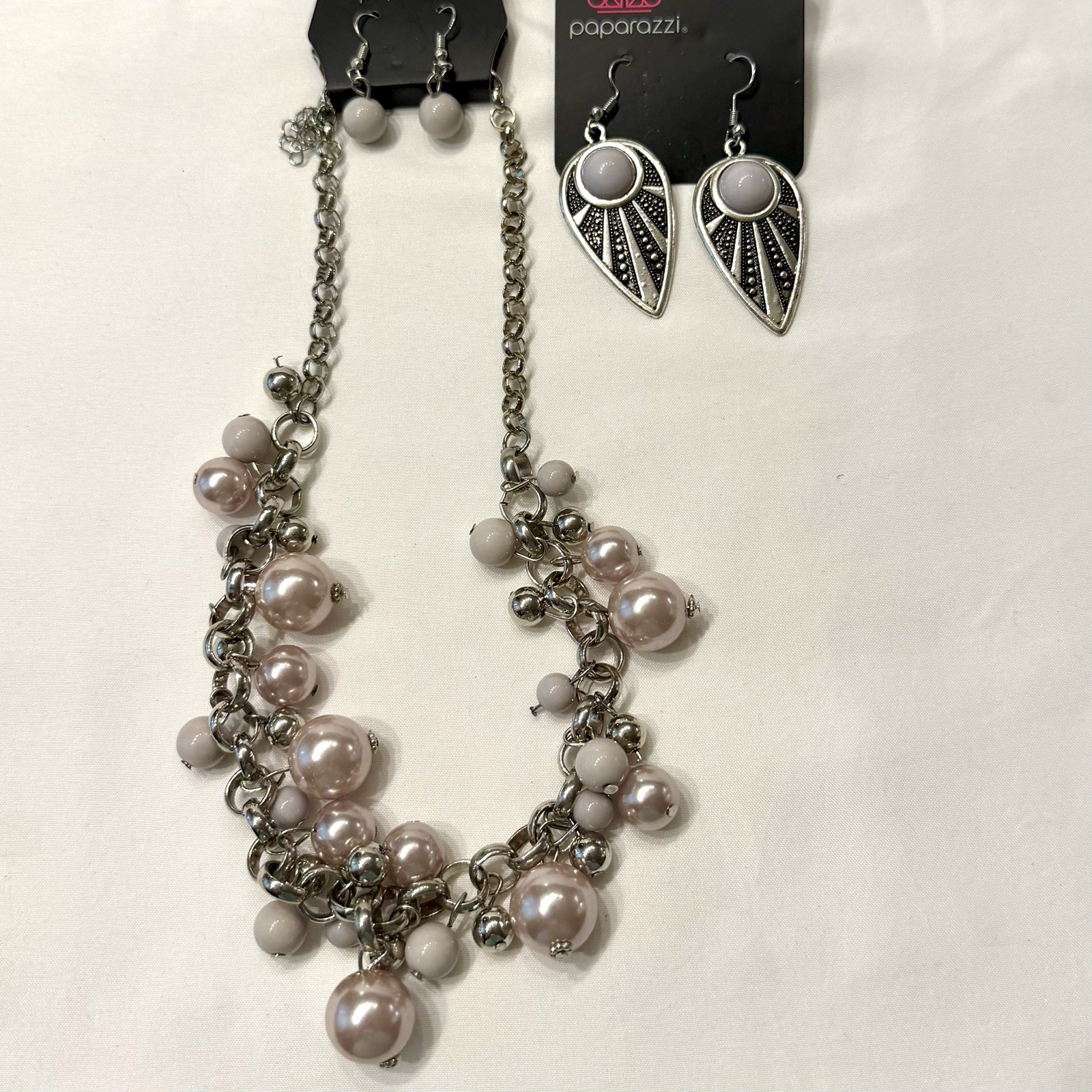 Gray Beaded Mixed Custom Jewelry Lot of Necklace & 2 Pair of Dangle Earrings NEW